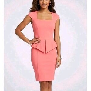 NWT Caché Peplum Sheath Dress Pink Coral Square Neck Cap Sleeve Sz 4 Y2K Retro